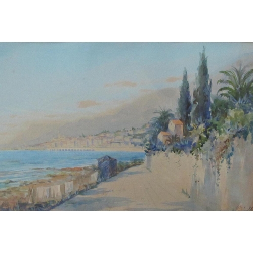 333 - G.B. Coastal landscape with buildings, probably South of France, indistinctly signed, watercolour, 1... 