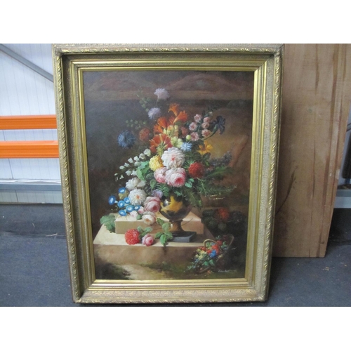 335 - LATE 20TH CENTURY SCHOOL. A still life of mixed flowers in a vase on a ledge with signature 'G. Back... 