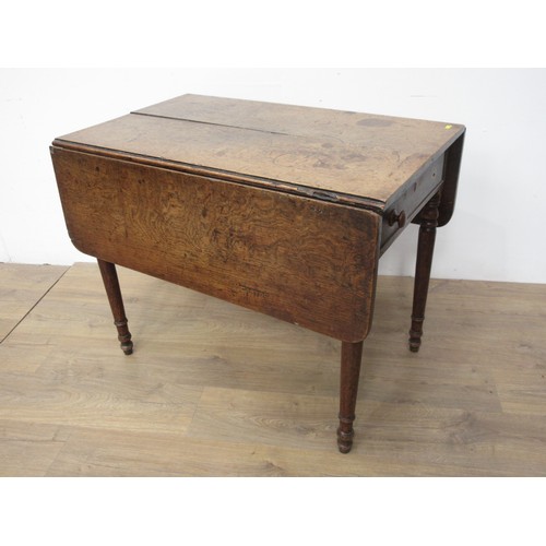 423 - A 19th Century oak Pembroke Table with drawer to each end mounted upon turned supports 2ft 11in W x ... 