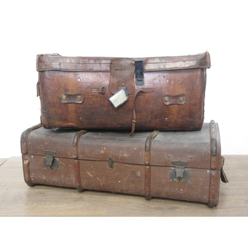 524 - An antique wooden bound canvas Luggage Trunk 3ft 4in W x 1ft 2in H, and another leather Trunk, 2ft 9... 