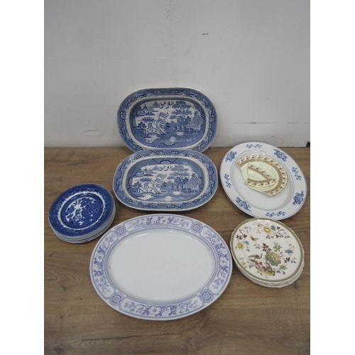 555 - Four transfer decorated blue and white Meat Plates and assorted Dinner Plates