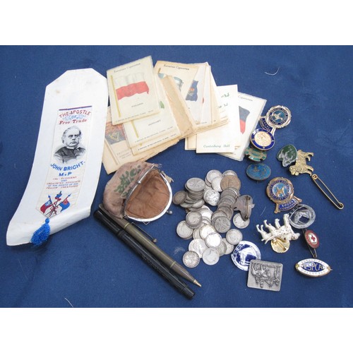 236 - A quantity of silver threepences, silk Bookmark, silk Cigarette Cards, Badges etc