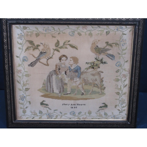 337 - A framed Victorian woolwork Picture of a boy and girl with sheep and birds by Mary Ann Neave, 1893, ... 