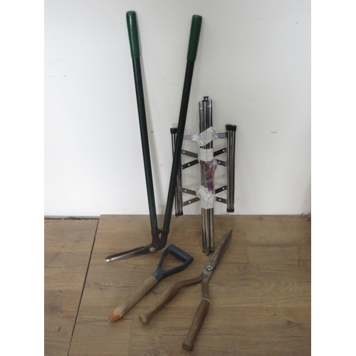 598 - A folding Stand, two pairs of Shears and a Dibber