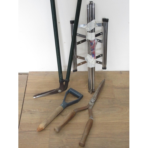 598 - A folding Stand, two pairs of Shears and a Dibber