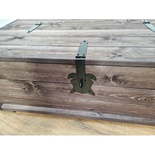 106 - A modern stained wood Blanket Chest with hinged cover and metal strap hinges, 3ft 7in W x 15in H x 2... 