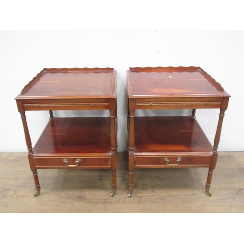 146 - A pair of reproduction yew wood Bedside Tables with slides and fitted drawers to the lower tiers, 18... 