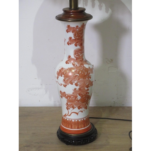 147 - An Oriental style Table Lamp and shade with flowers in iron red, 2ft 5in H (passed PAT test).