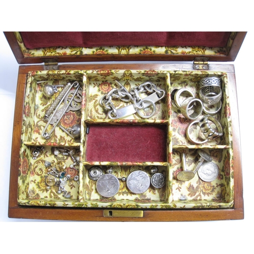 187 - An inlaid rosewood Box containing a Danish silver Identity Bracelet, various silver and white metal ... 