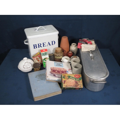 19 - A Fish Kettle, an enamel Bread Bin, ceramic Butter Softener, Icing Turntable, Icing Set, etc.