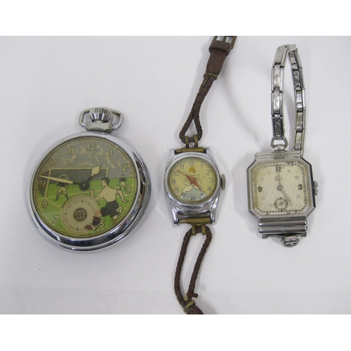 206 - An Ingersoll Football Pocket Watch, a child's Disney Wristwatch depicting Cinderella and an Art Deco... 