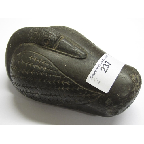 237 - A reproduction Inuit style carved stone figure of a Swan, with metal label under initialled R