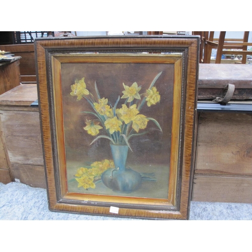 238A - ENGLISH SCHOOL, c.1910. A still life of Daffodils in a vase on a ledge, oil on canvas, 20 x 15 1/4 i... 