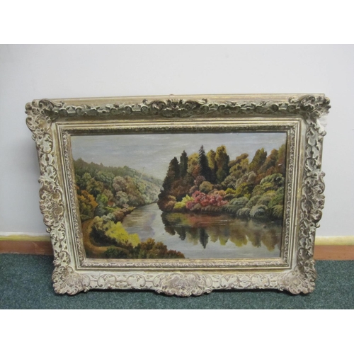 241 - ENGLISH SCHOOL. Autumnal river landscape, oil on canvas, 12 x 18 in; two hunting prints (after H. Al... 