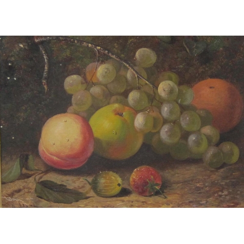 261 - ASCRIBED TO OLIVER CLARE. A still life of grapes, peaches and apple on a mossy bank, bears indistinc... 