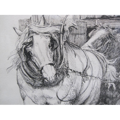 262 - BRIAN HATTON. Two dray horses and figures, pen and ink sketch, 9 1/2 x 12 in; an oil painting by ano... 