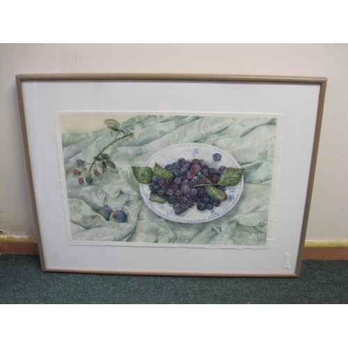 278 - VAL ARCHER. Berries on a plate, signed and dated 1986, watercolour, 15 x 22 in; one other watercolou... 