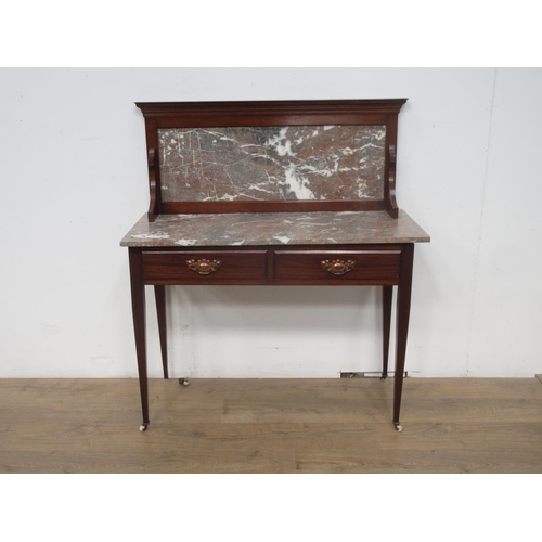 302 - A mahogany marble top Washstand, with raised marble back on squared tapering supports, 3ft 6in W