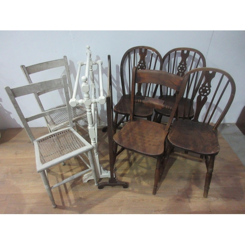 309 - Three antique mahogany Elbow Chairs, a mahogany country single Chair and a pair of cream painted Bed... 