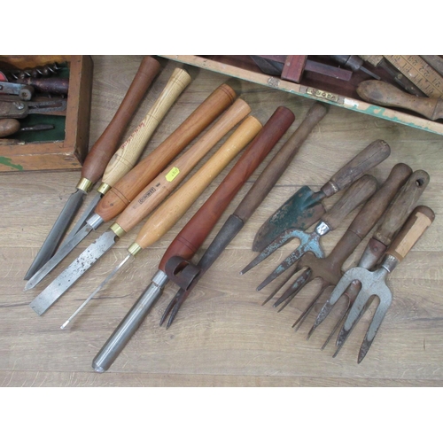 318 - Two old wooden Tool Chests containing various tools, wood working tools and garden hand tools