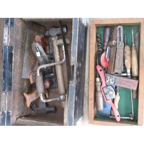 318 - Two old wooden Tool Chests containing various tools, wood working tools and garden hand tools