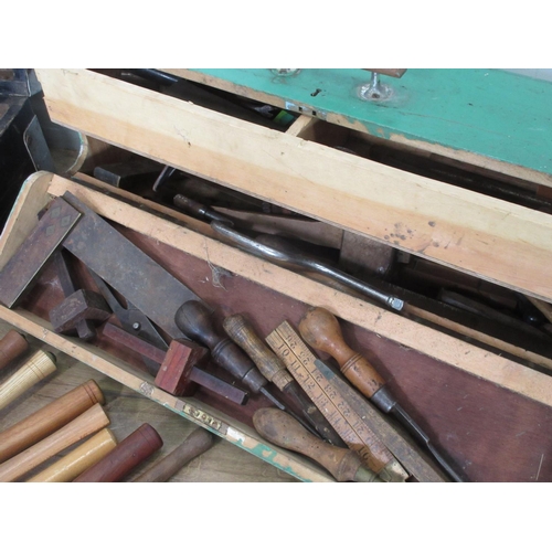 318 - Two old wooden Tool Chests containing various tools, wood working tools and garden hand tools