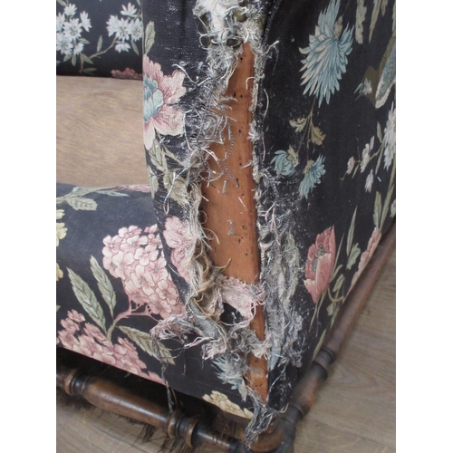 362 - A floral upholstered two seat Settee with turned and squared supports and stretchers, 5ft W, in need... 