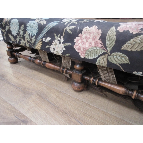 362 - A floral upholstered two seat Settee with turned and squared supports and stretchers, 5ft W, in need... 