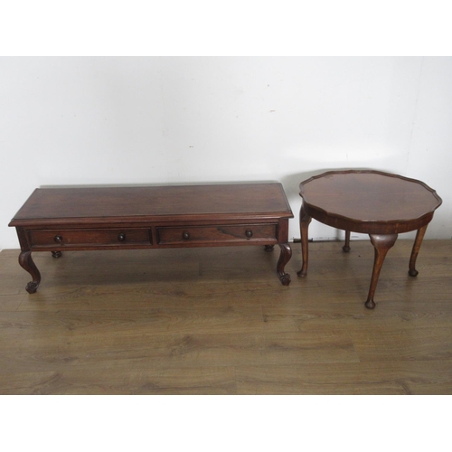 383 - A low hardwood Table fitted two drawers, 4ft W A/F, and a circular Coffee Table