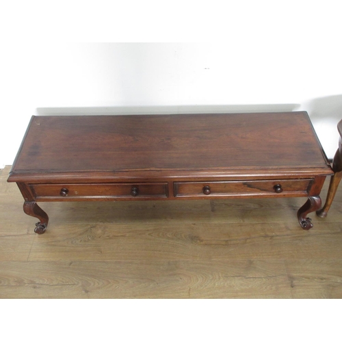 383 - A low hardwood Table fitted two drawers, 4ft W A/F, and a circular Coffee Table