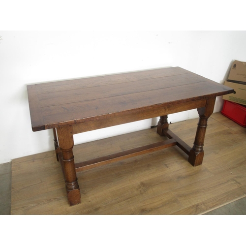 398 - An oak refectory style Dining Table with cleated top and six elm Dining Chairs, 5ft x 2ft 6in