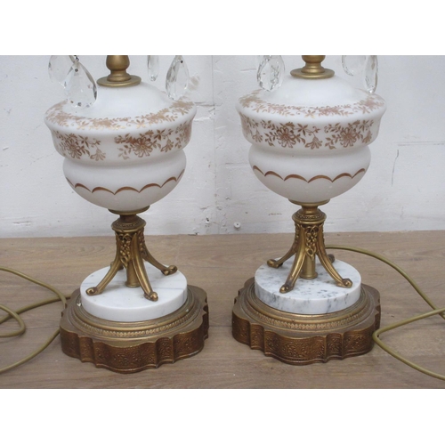 433A - A pair of gilt metal opaque glass Table Lamps with glass droppers 2ft H. (Passed PAT test)