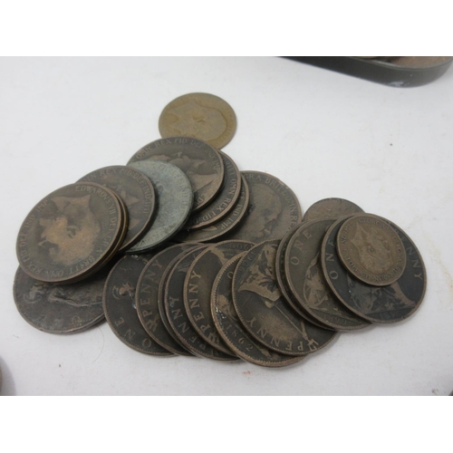 459 - A tin of pre-decimal Pennies and various Coins.