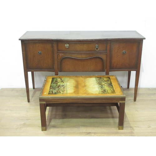 494 - A mahogany serpentine Sideboard on squared tapering supports, 5ft W and a Coffee Table, 2ft 11in W