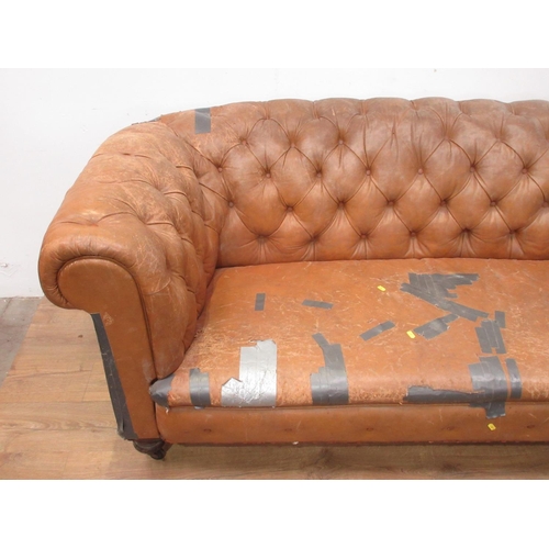 506 - A button upholstered leather Chesterfield on turned supports and casters 6ft 5 in W, in need of exte... 