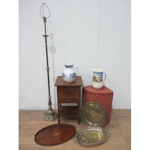 549 - An oak Sewing Table, a plated Standard Lamp 5ft H, two Wash Jugs, a mahogany Tray, a plated Tray, a ... 