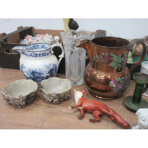 560 - A quantity of China and Glass including a large copper lustre Jug A/F, a Beswick Fox A/F, Figures, e... 