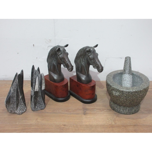 571 - A pair of horse's head Bookends, a stone Pestle and Mortar and a pair of stone Sculptures 9in H.