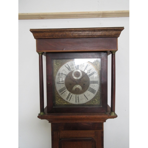 589 - An oak and mahogany Longcase Clock with square brass dial having two subsidiary dials, 8-day movemen... 