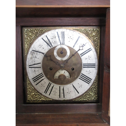 589 - An oak and mahogany Longcase Clock with square brass dial having two subsidiary dials, 8-day movemen... 