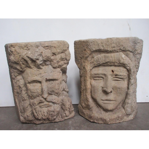 608 - Two believed Medieval carved dressed stone Masks of a male and female 1ft 5in H x 1ft 2in W