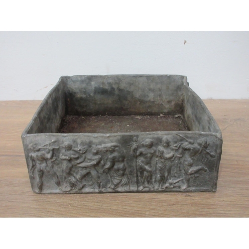 646 - A square lead Planter with friezes of merrymakers, 9in square.