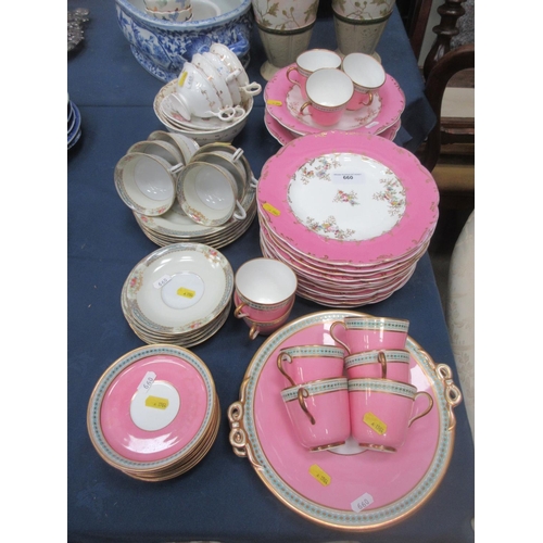 660 - A floral decorated part Tea Service with pink borders and a Japanese part Tea Set, etc.