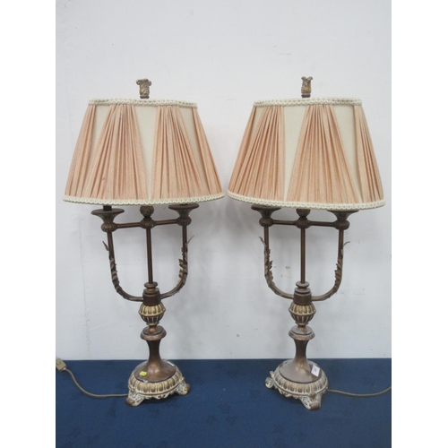 678 - A pair of gilt metal double branched Table Lights and Shades. (Passed PAT test)