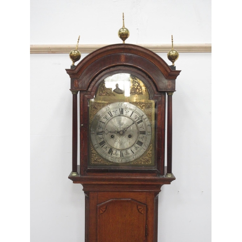 87 - A 19th Century oak Longcase Clock with arched brass dial, the silvered chapter ring inscribed Pullar... 