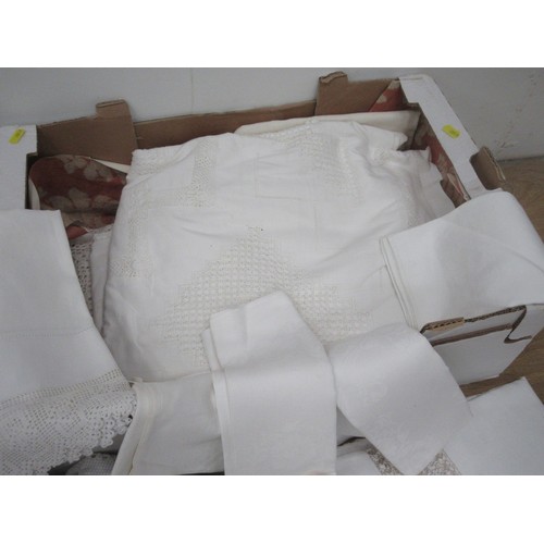 478 - A box of various Tablecloths including Victorian and Edwardian lace.