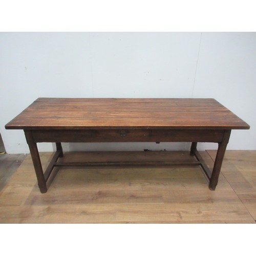 553 - An antique fruitwood top Refectory Table on oak base fitted two drawers on chamfered supports 6ft 11... 