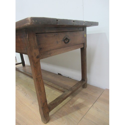 553 - An antique fruitwood top Refectory Table on oak base fitted two drawers on chamfered supports 6ft 11... 