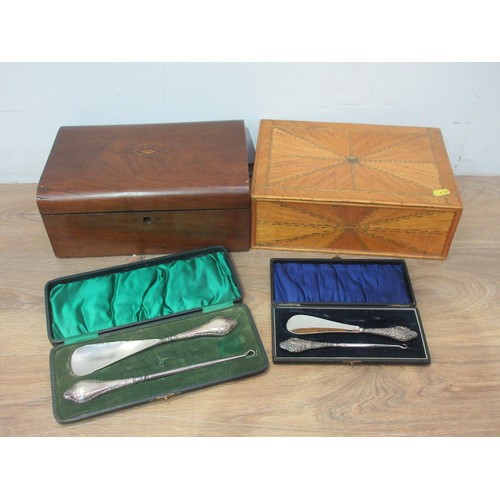 537 - A strawwork Box 12in, a mahogany Box, two sets of silver handled and plated Shoe Horns and Hooks in ... 