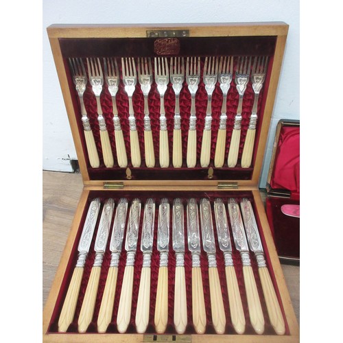 493 - A set of twelve plated Tea Knives and Forks in case and a plated Spoon and Knife Serving Set in case